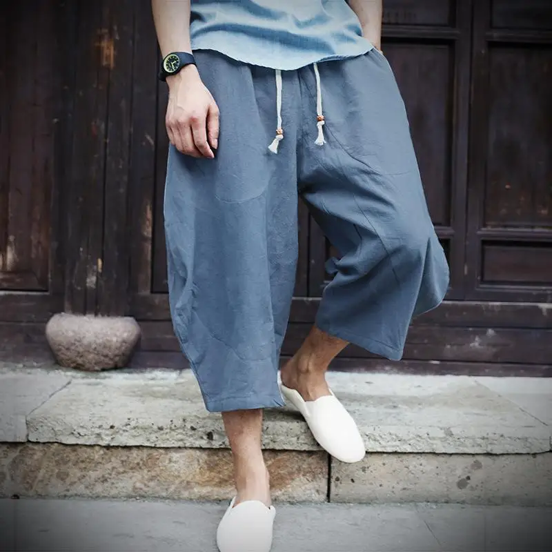 Cotton Linen Men's Harlan Pants Low Waist Wide Leg Trousers Trendy Youthful Style Seven-Foot Length Casual Summer Fashion