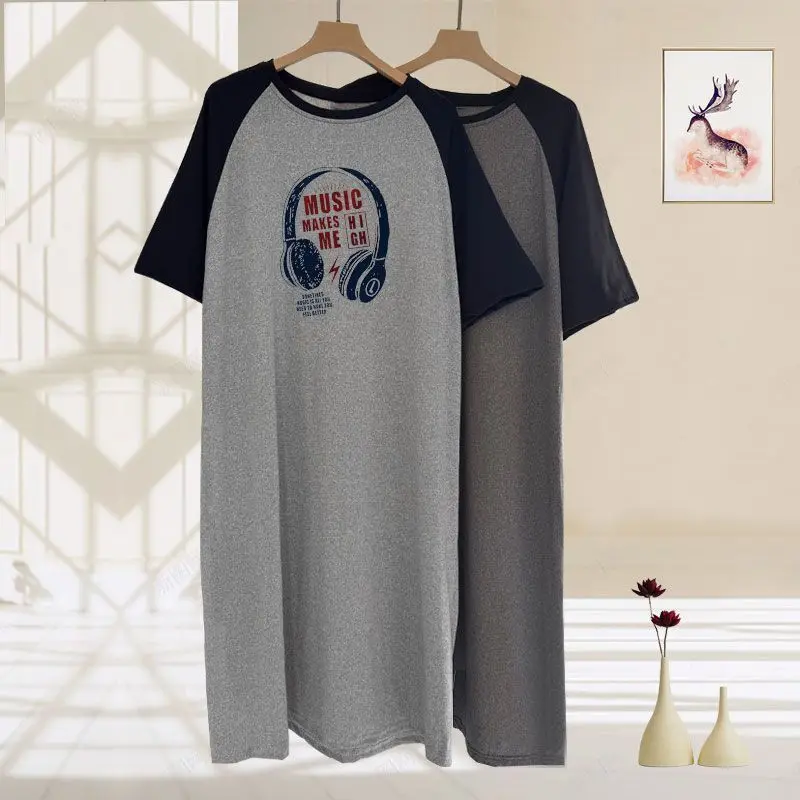 Plus Size Men Summer Short Sleeve Nightgown Loose Oversized Knee-length Bathrobe Fat Guys Comfortable Breathable Home Robe