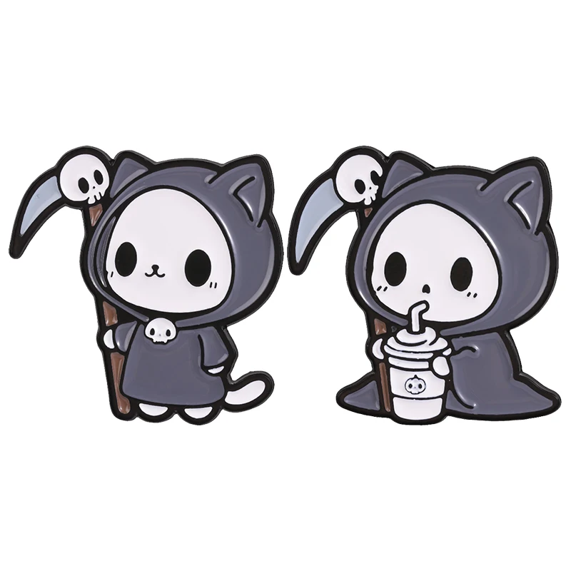 Sensenmann-Katzen-Abzeichen, Niedliche Gotische Kätzchen-Emaille-Pins, Cartoon-Tier mit Sichel, Kaffeetassen-Brosche, Accessoires, Deko, Geschenk für Liebhaber