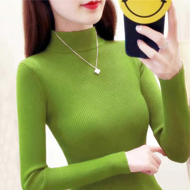 

plus Size Women's Autumn Winter Half High Neck Long Sleeve Sweater Ladies Tight Fit Overhead T-Shirt Knitted Top Inner Wear