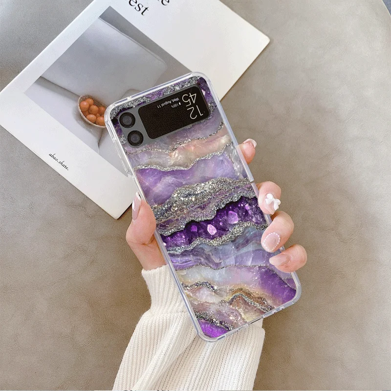 الفاخرة الوردي الأرجواني الرخام نمط شفافة قضية الهاتف لسامسونج غالاكسي Z فليب 7 فليب 6 4 3 غطاء قابل للطي ل Z Flip7 Flip5