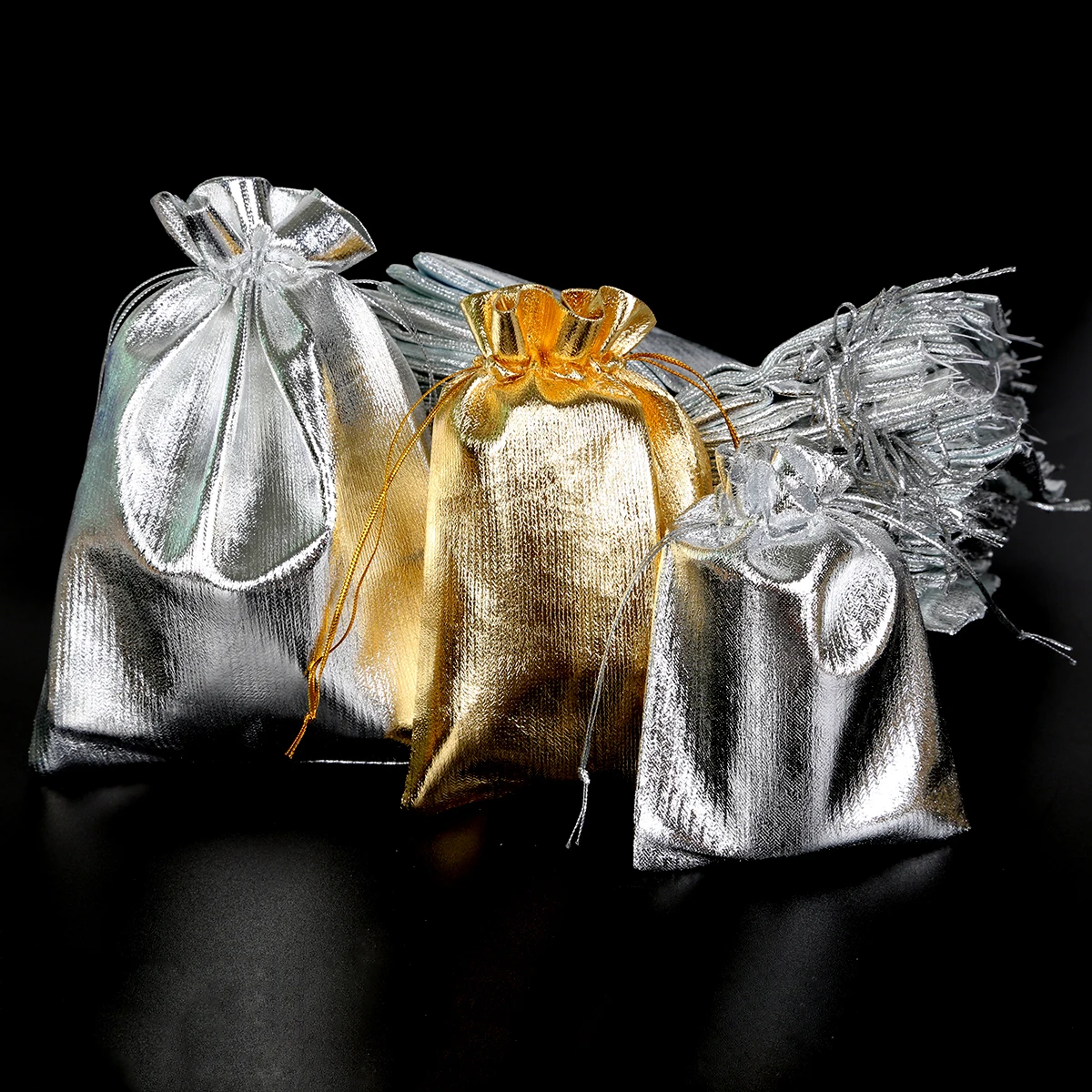 10 Uds. Bolsas de joyería de Organza dorada/plateada 7x9/9x1 2/10x1 0/13x18cm bolsas de regalo de boda con cordón embalaje de joyería