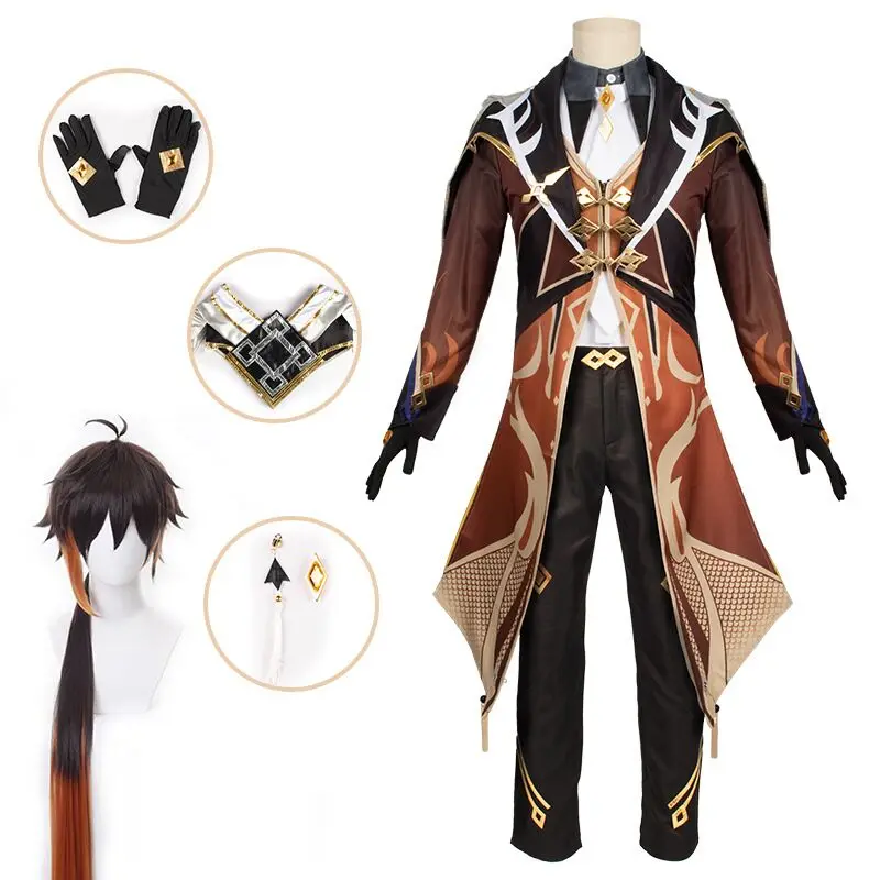 Costume de Cosplay pour hommes, costume de jeu Genshin Impact Zhongli Anime Morax, perruque de fête d'halloween et de carnaval, ensemble complet de vêtements