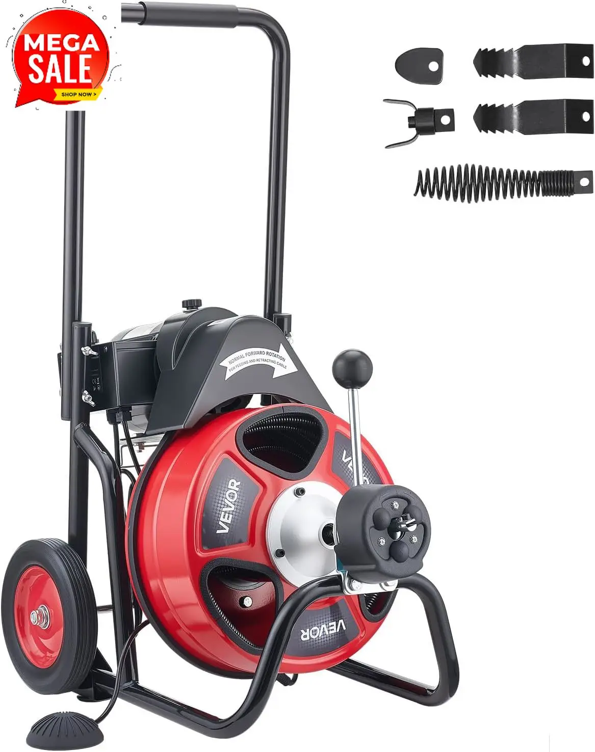 Drain Cleaner Machine 100 FT x 1/2 Inch, Auto Feed Sewer Snake Auger on Wheels, Portable Drain Cleaning Machine with 4 Cutters &