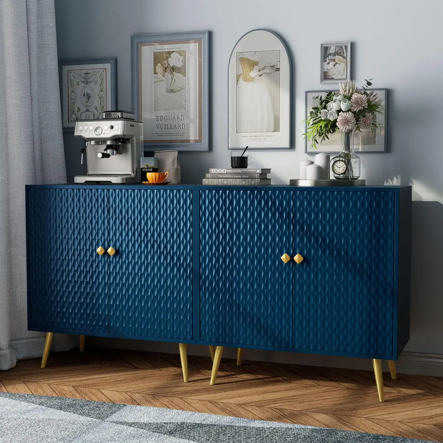 Set of 2 Buffet Cabinet with Storage Blue Accent Cabinet with Carved Texture Sideboard Buffet Cabinet with 2 Doors and Shelves