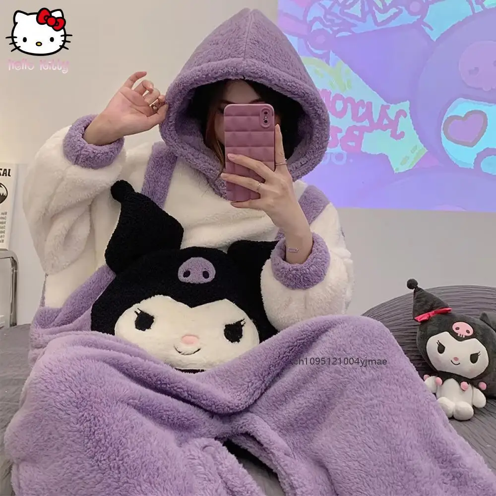 

Sanrio Kuromi коралловый флисовый комбинезон с героями мультфильмов для девочек, женские зимние пижамы, толстые теплые милые домашние костюмы с капюшоном, одежда для сна, комбинезоны для косплея