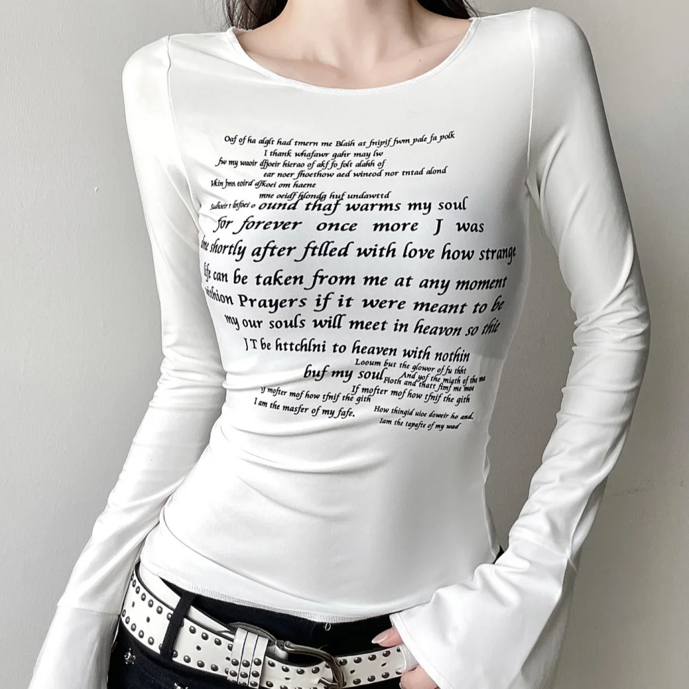 Y2K Grunge Women U Neck Long Sleeve Top White Vintage Letter Poem Print Slim Flare Cuff Alt Harajuku Streetwear Tee