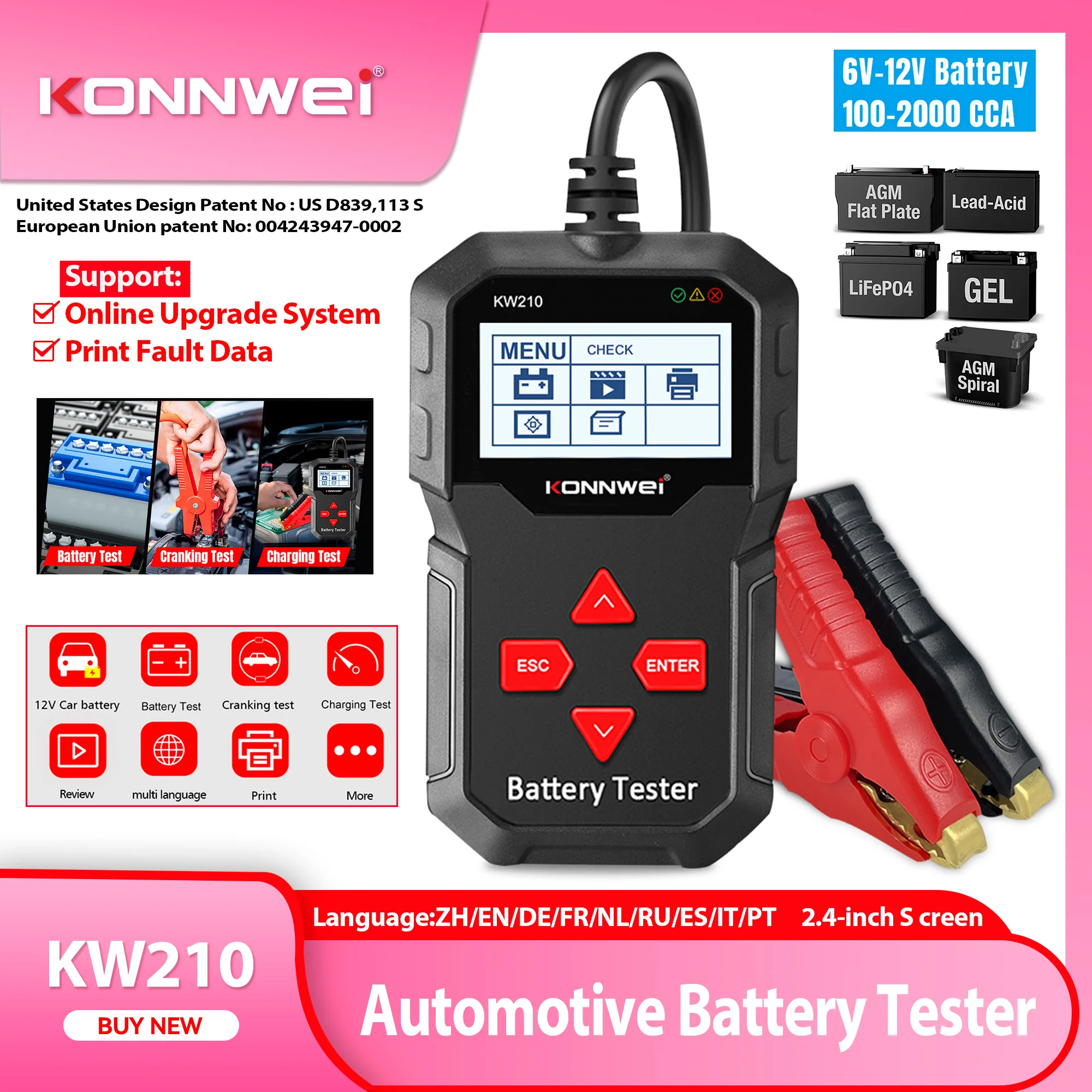 

2026 Новый Konnwei KW210 Автоматический умный тестер автомобильного аккумулятора 12 В 100-2000 CCA Анализатор автомобильного аккумулятора Инструмент для авторемонта Regualr Flooded