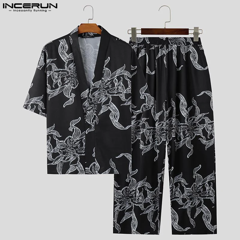 Korean Style Summer Men Printing Sets Casual Half Sleeve Tops Long Elastic Waist Pants Bottun Pocket V-neck Streetwear Oversize