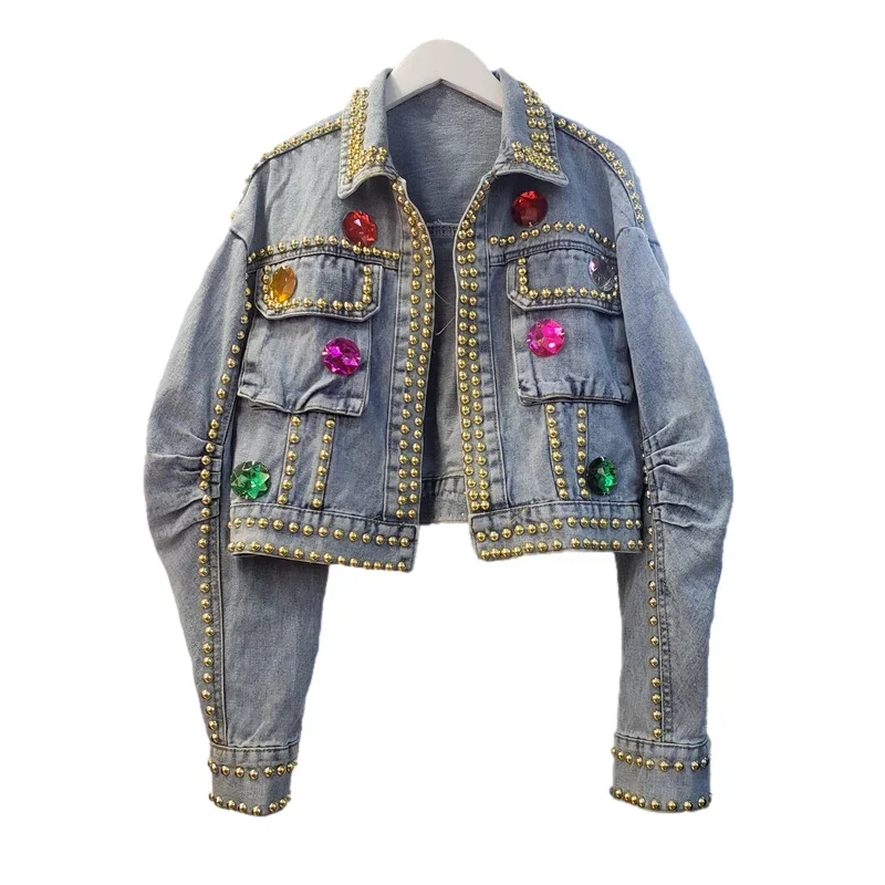 

Spring Heavy Work Diamonds Rivet Big Pocket Denim Jacket Women Slim Short Cowboy Outerwear Vintage Blue Jeans Jacket Coat Female