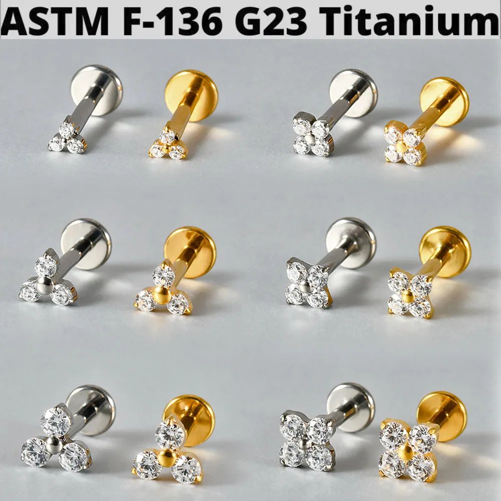 1PC G23 Titanium Flower Clear Zircon Lip Stud Internal Thread Small & Large Flower Cartilage Tragus Helix Earrings Piercing 16G