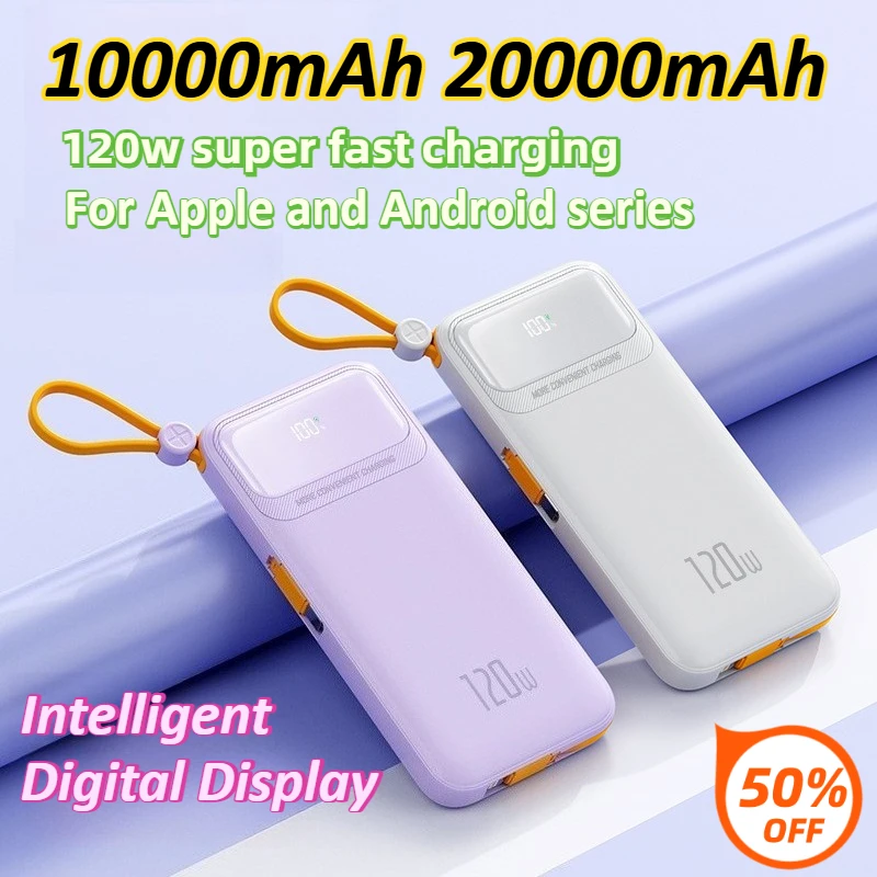 

10000mAh 20000mAh 120W Ultra Fast Power Bank with Built-in Cable Intelligent Digital Display For iPhone/Samsung/Xiaomi/Huawei