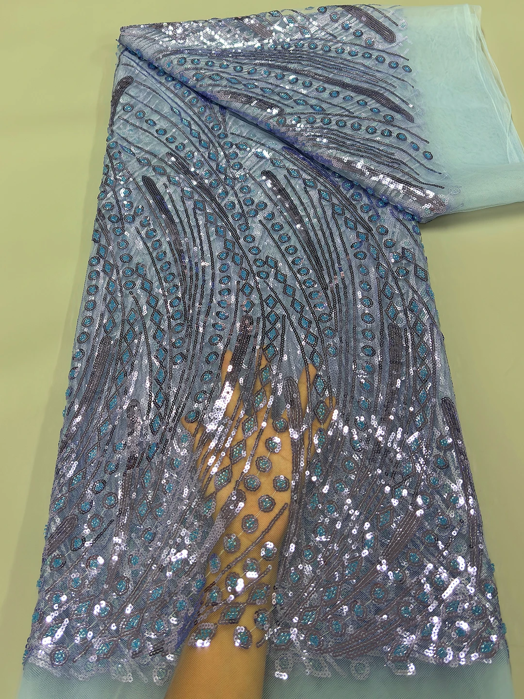 

Небесно-голубая сетчатая тюлевая кружевная ткань с блестками, французское роскошное платье невесты, вышивка, африканская кружевная ткань, 2025 г., высококачественный сетчатый материал