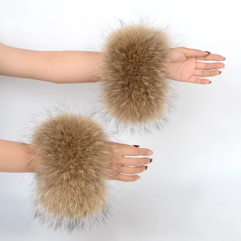 High Quality Winter Real Racoon Fur Cuffs Wrist Warmer Coat Sleeve Decorate Genuine Fur Cuff Arm Bracelet Fur Wristband Glove