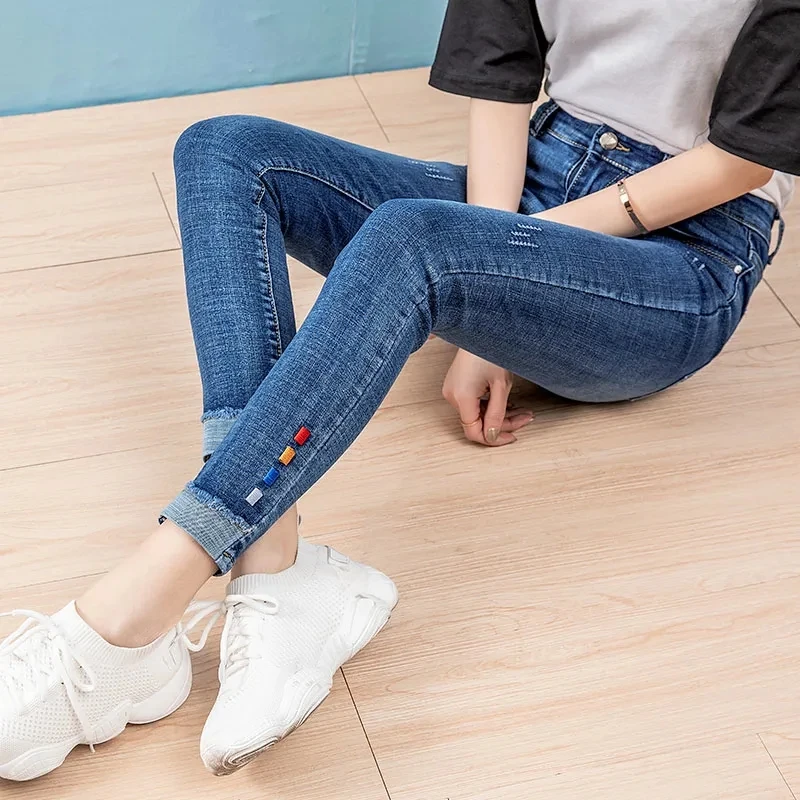 Ladies Jeans Women's Flanging Blue Elastic Korean Jeans 2023 Spring Autumn Denim Pants Female Slim Pencil Pants Ladies Jeans