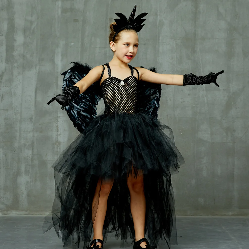 Halloween Kids Angel Mesh Tutu Dress Package With Headband Layered Gown Stage Performance Outfit Girls Halloween Ceremony Attire