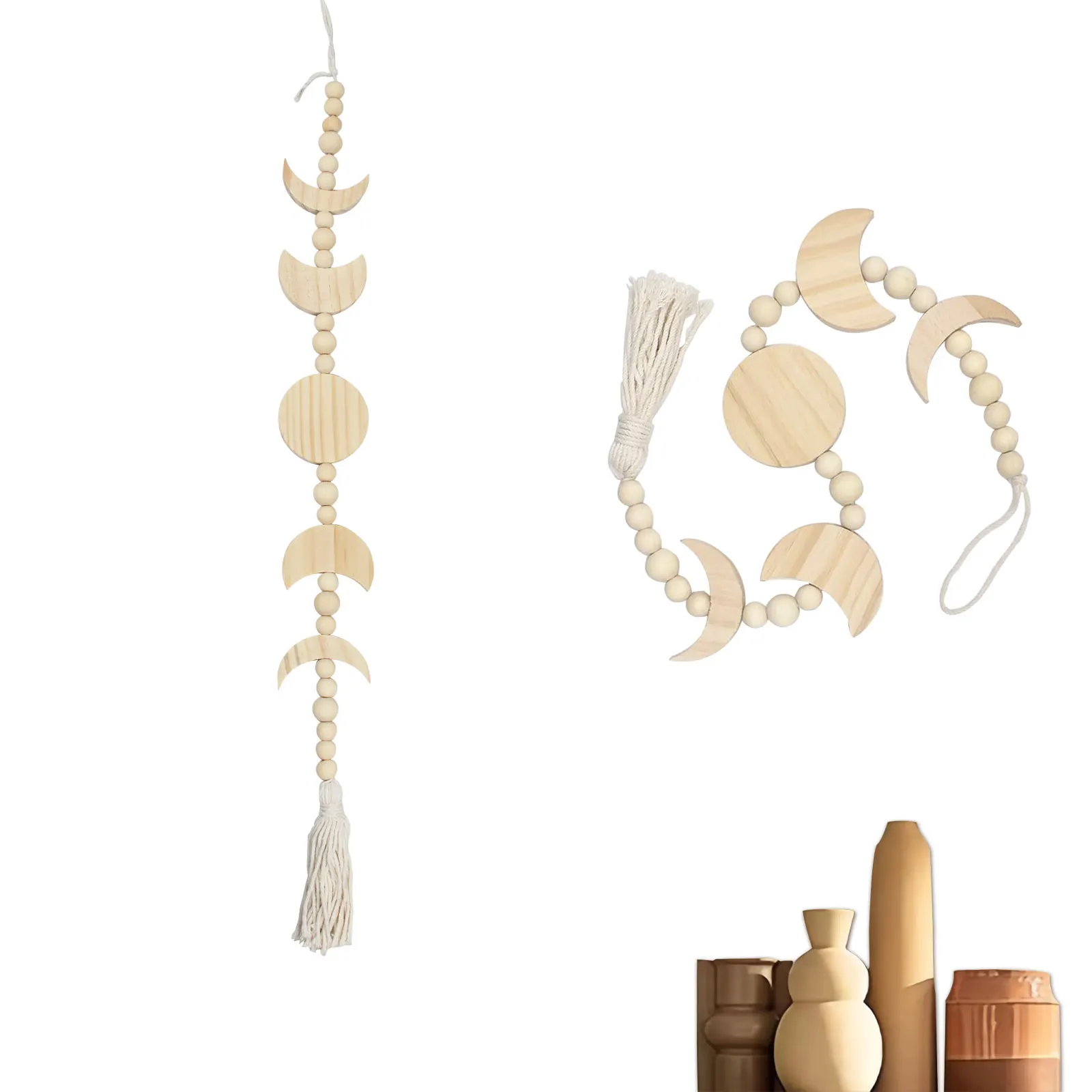 

Natural wood color Star Moon Phase Wall Hanging Garland Boho Beaded Moon Garland with Tassel Home Wall Decor