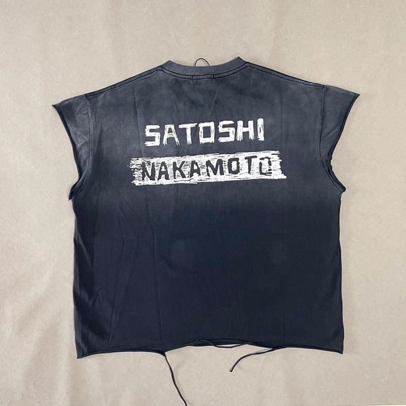 Satoshi Render Hole Sleeveless Tank Top Skull Motorcycle Print Men Women Vintage Washed Casual Unisex Tee
