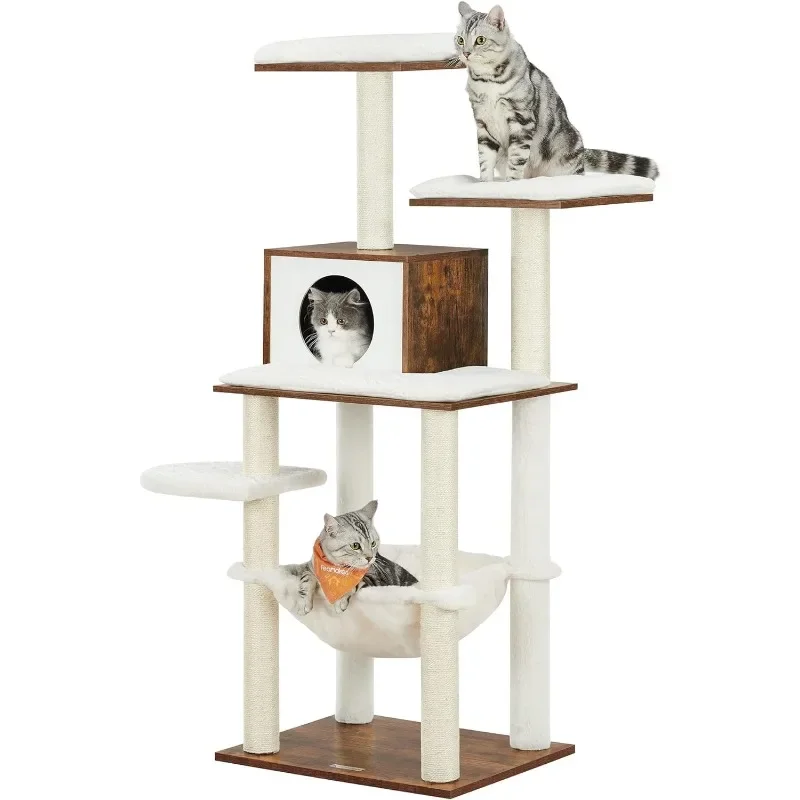 Feandrea WoodyWonders Cat Tree, Modern Cat Tower for Indoor Cats, 54.3-Inch Multi-Level Cat Condo, Ultra-Soft Plush