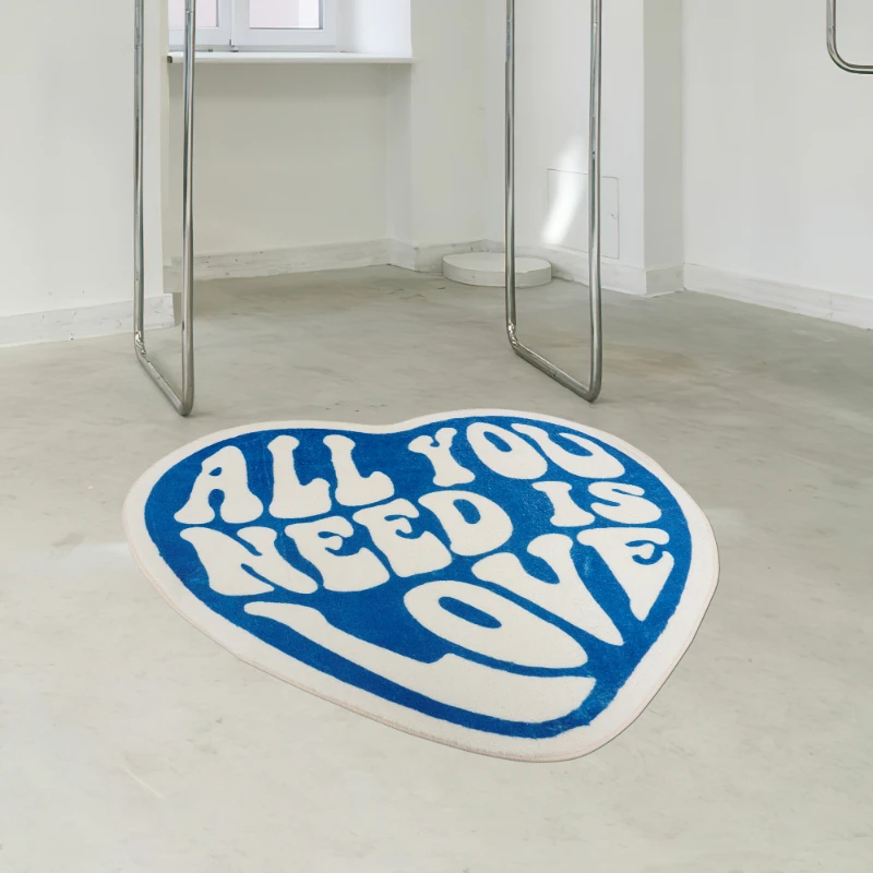 VIKAMA Vintage Heart-Shaped Slogan Rug in Blue and White Letters‘ALL YOU NEED IS LOVE’Comfortable Living Room and Bedroom Decor