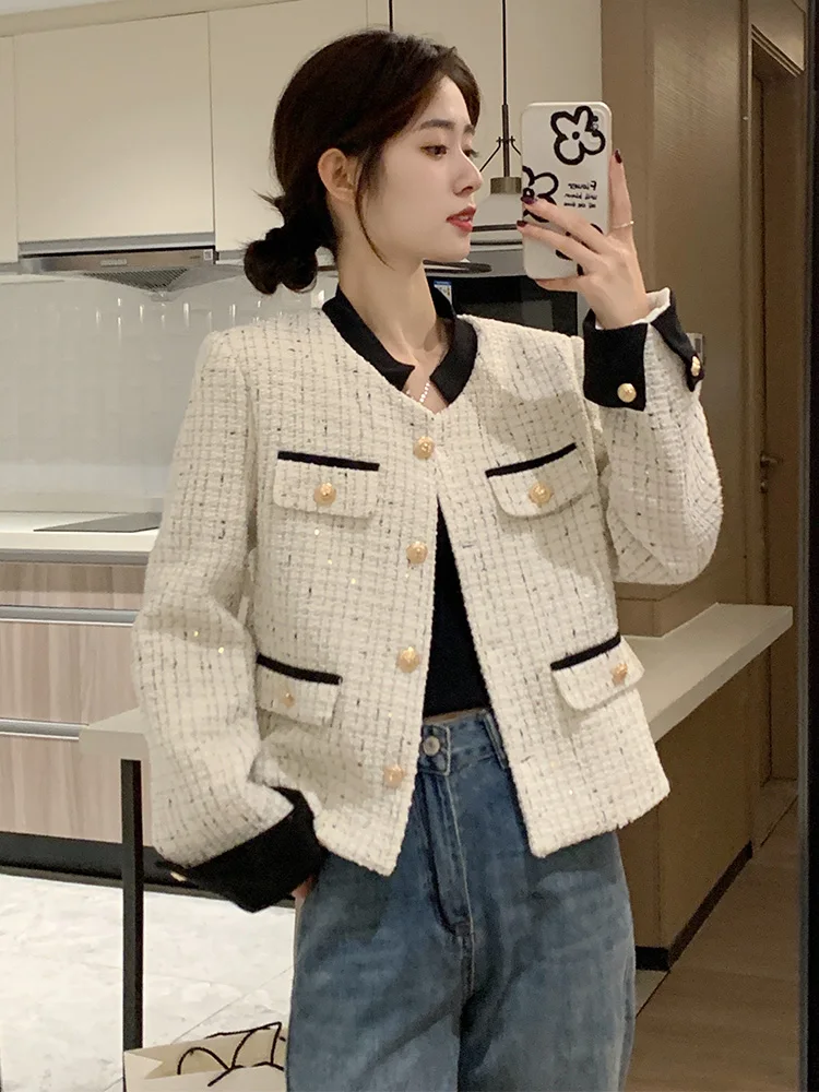 

Spring Autumn Korean Fashion Tweed Jacket Women Long Sleeve Patchwork Woolen Coat Outerwear Top