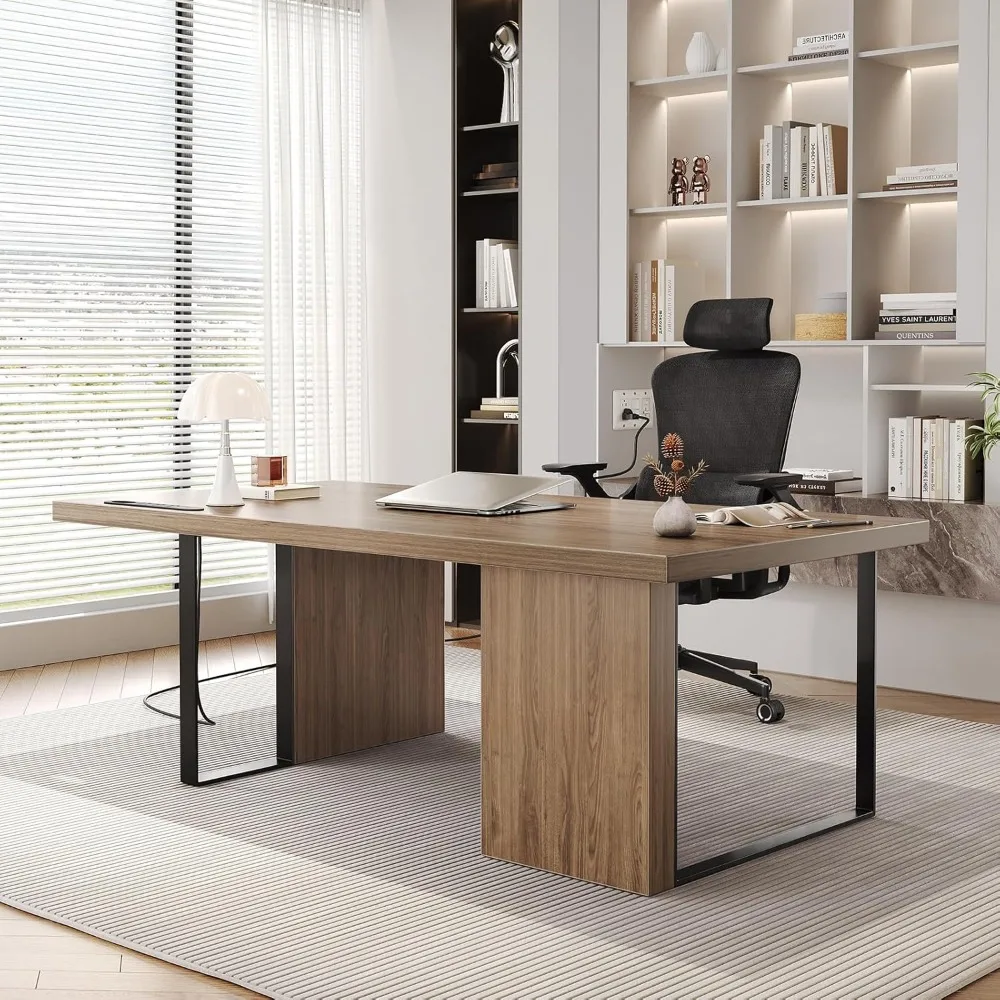 

60-Inch Large Executive Desk, Modern Minimalist Wooden Computer Office Desk Workstation with Extra Thick Tabletop and Built-in P