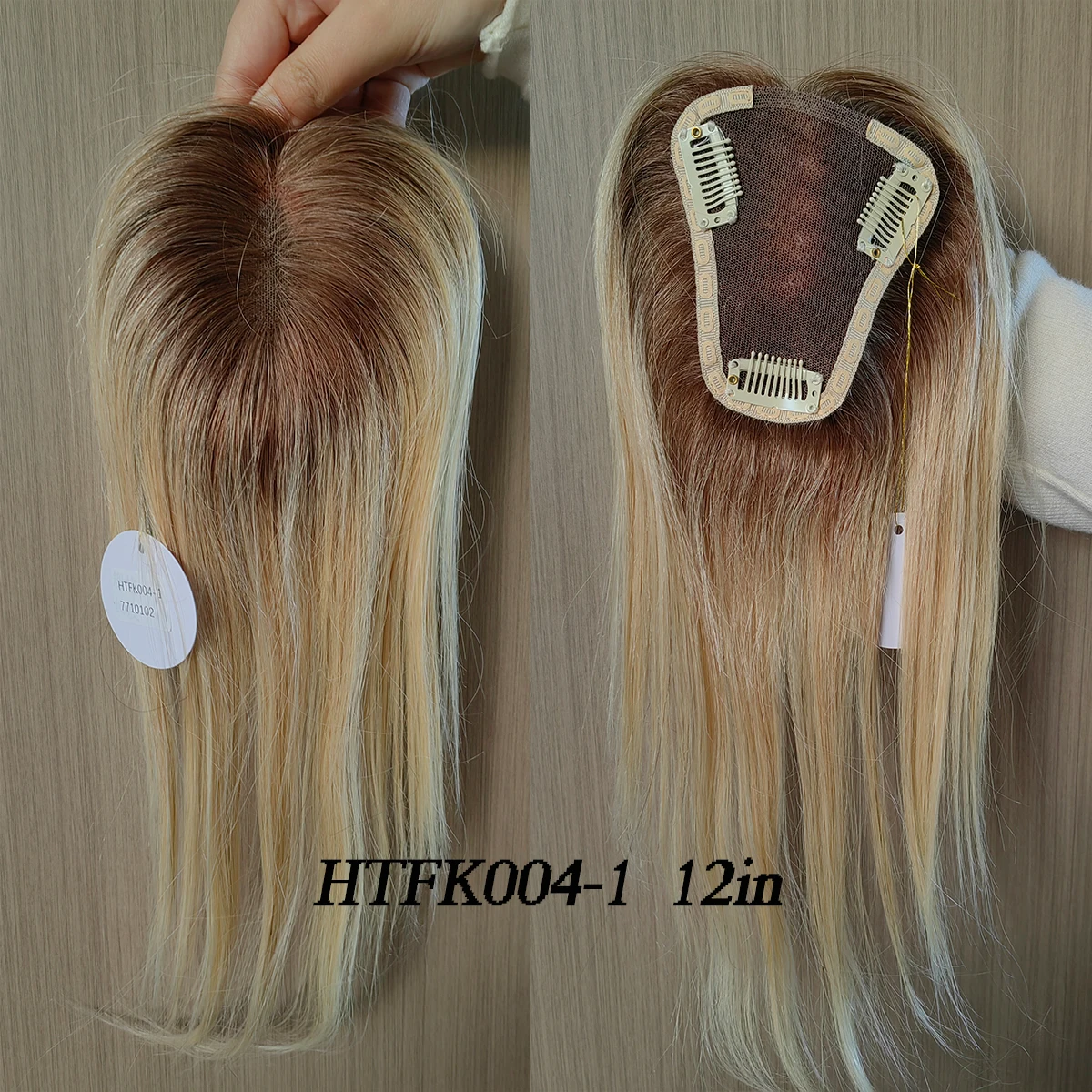 Bruine Blonde Ombre 100% Remy Menselijk Haar Toppers Voor Vrouwen 12 Inch Rechte Middendeel Menselijk Haar Stuk Zijden Basis Clip In Topper