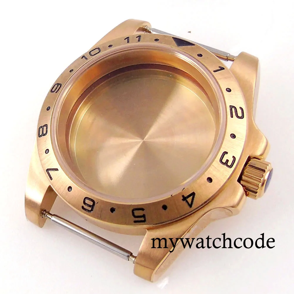 GMT Master-Rose Case relógio de ouro e pulseira, Movimento Caseback vidro, 24H moldura, 40mm, NH34, NH35, NH36, NH70, NH72