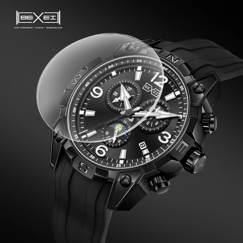 BEXEI 2025 أسود المحارب شهر يوم أسبوع التقويم 24H متعددة الوظائف الميكانيكية حركة أوتوماتيكية رجل ساعة الياقوت الكريستال