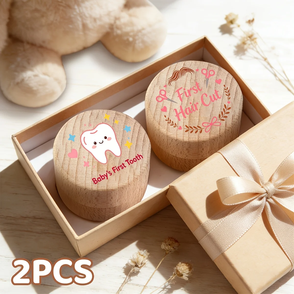 2PCS Wooden Storage Box Infant Deciduous Teeth Umbilical Cord First Haircut Memorial Crate Newborns Preserve Cherished Milestone