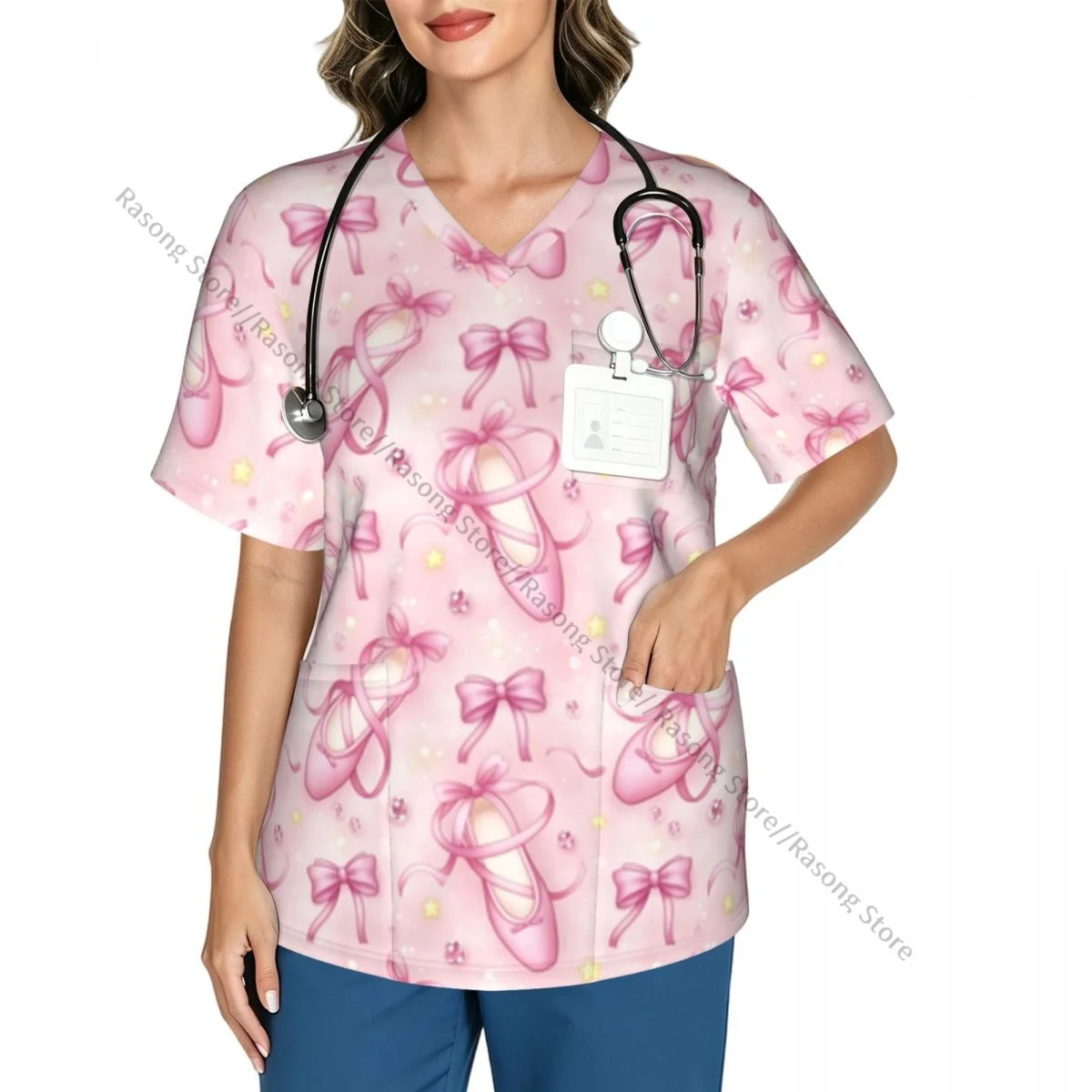 Pointer Shoes And Bows Scrubs Medical Uniforms Women V Neck Short Sleeve Tunic Scrubs Tops Nursing Surgical Uniforms