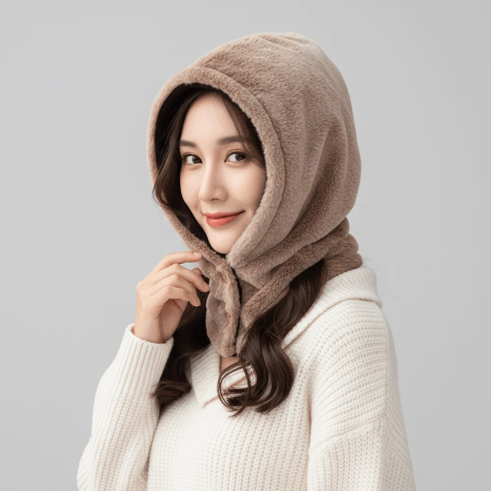 

Cute Solid Color Balaclava Hat Neck Collar Keep Warm Ear Protection Hat Beanie Thickened Knitted Hooded Hat Cycling