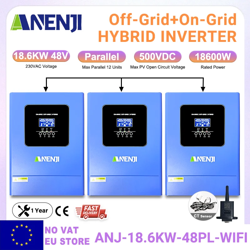 ANENJI 18,6 kW Hybrid-Solar-Wechselrichter, 3 Phasen, 48 V, 220/380 VAC, reiner Sinuswellen-Parallelwechselrichter, 120 A, MPPT-Solarladeregler