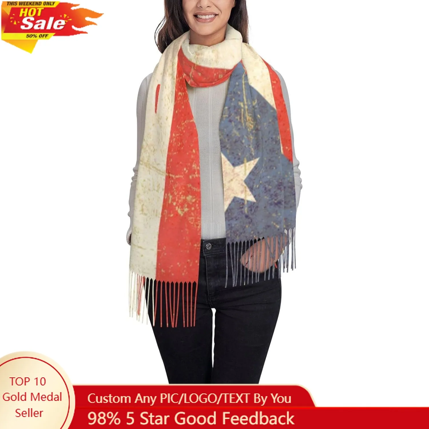

Puerto Rican Flag Poncho Winter Large Scarf Shawl Bandana Neck Wrap For Women