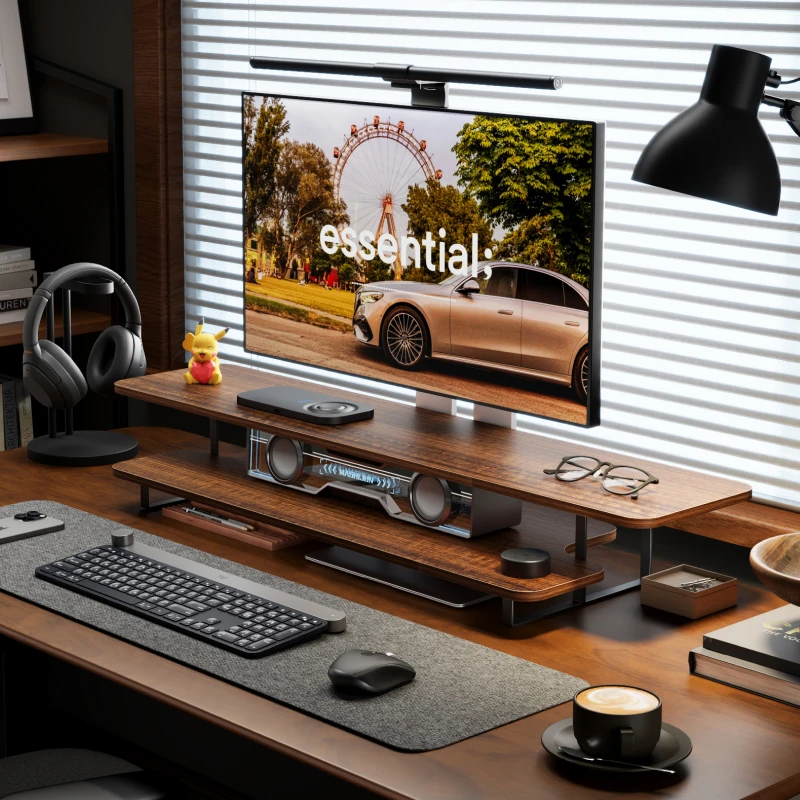 Double Layer Monitor Stand with Walnut Finish Ergonomic Computer Desk Keyboard Organizer for Laptop Space Saving Desktop Shelf