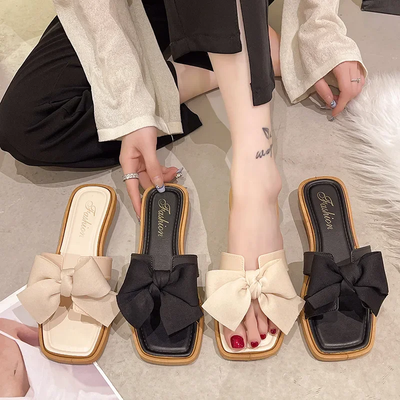 Large Size Butterfly Knot Slippers Summer New Round Head Open Toe Fabric Soft Soles Anti-slip Wear-resistant Flat Shoes