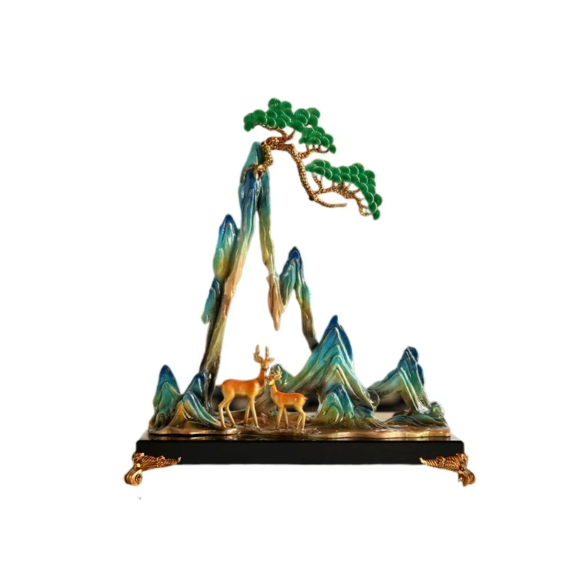 Creative enamel color, Chinese ornaments landscape, rockery pine deer, sculpture living room entrance