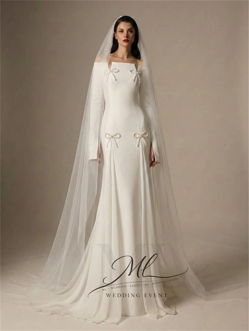 ML Elegant Long Sleeve Beaded Bow Wedding Gown Matte Satin Evening Prom Party Mermaid Dress Chapel Train Saudi Customized 2026