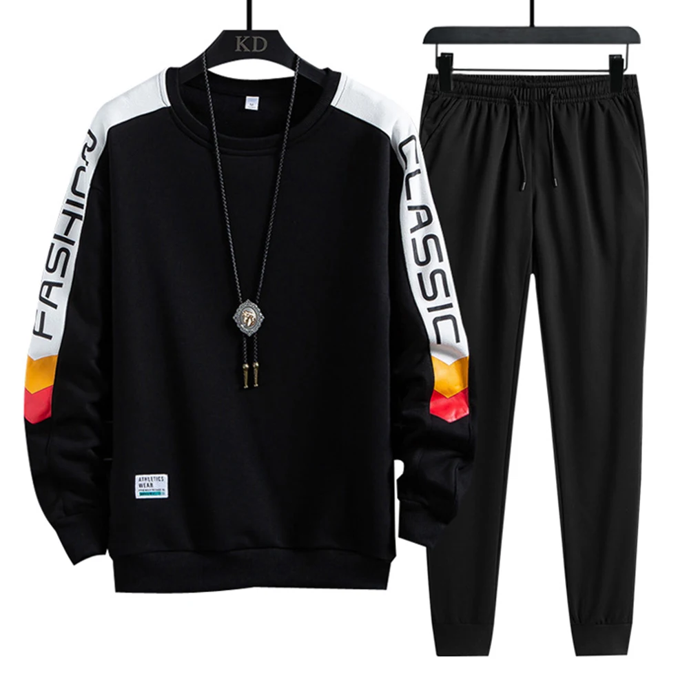 Mens Clothes Tracksuit Two Piece Set Men Casual Polyester Patchwork Long Sleeves Pullover Coat And Sports Gym Jogger Pants Set