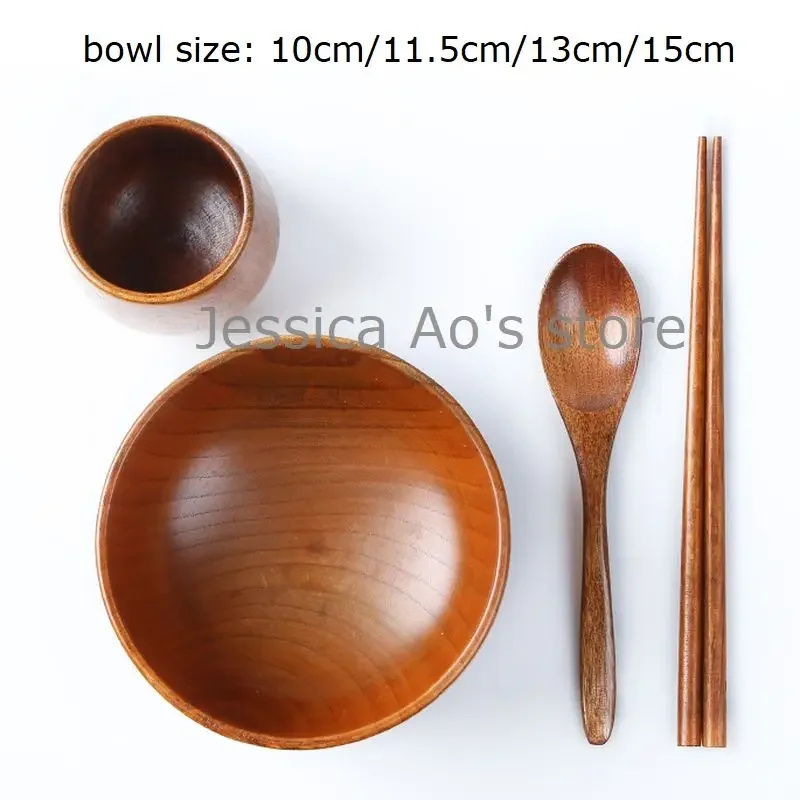 Stoviglie in legno giapponesi Ciotola in legno + tazza + cucchiaio + bacchette Set di stoviglie complete da cucina Ciotola di riso in legno Ciotola da zuppa grande