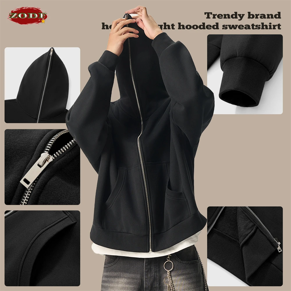 

ZODF 2025 зимние мужские флисовые толстовки на молнии 350 г/м2, унисекс, свободный крой, теплые букси-пальто с капюшоном в стиле панк, верхняя одежда HY0047