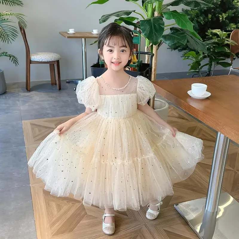 

Girls' Bubble Sleeve Dress Summer Clothes Square Collar Full Sky Star Sequins Net Yarn Sweet Birthday Party Princess Dresses