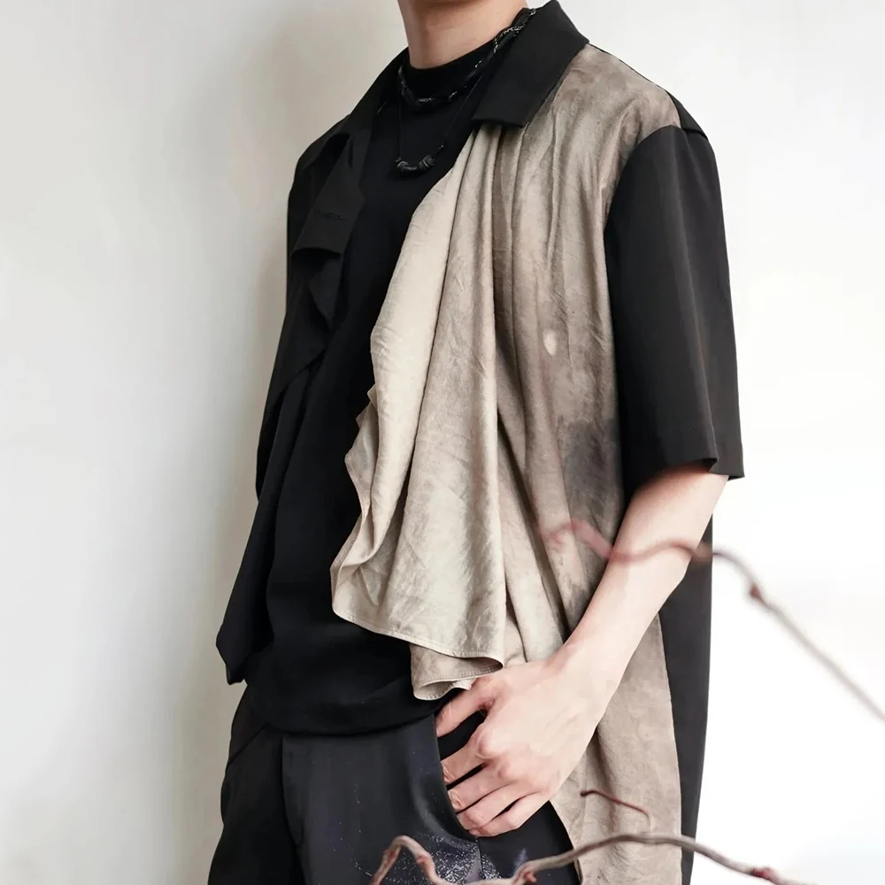 Y2k Dyed Splicing Placket Shirt Genderless Summer Streetwear Fashion Youth Campus All-Match Personality Short-Sleeve Tops 2025