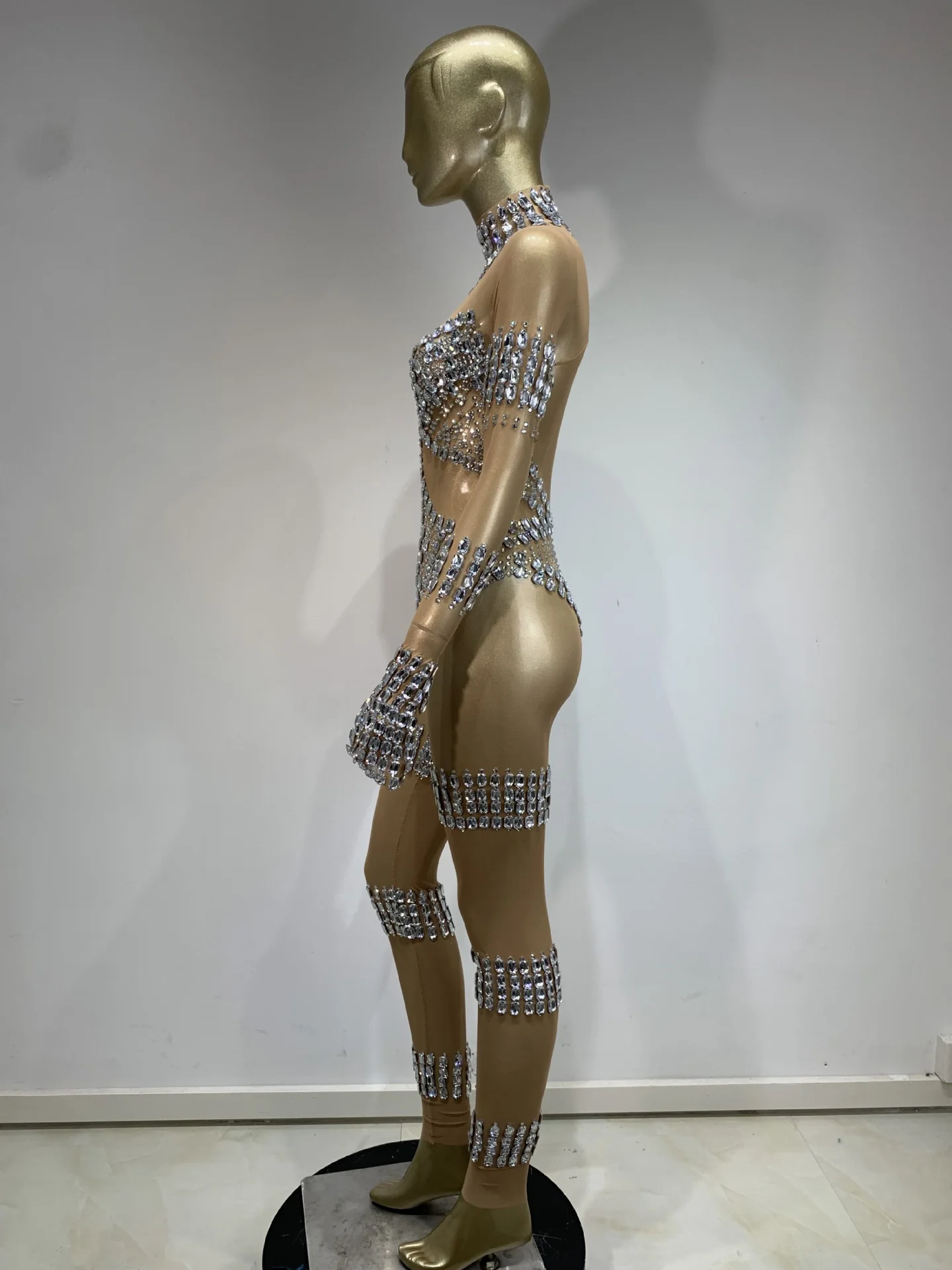 STOCK Sexy Mesh Rhinestone Jumpsuit Female Singer Performance Outfit Bar Nightclub Gig Costume See-Through Luxury Evening Gowns