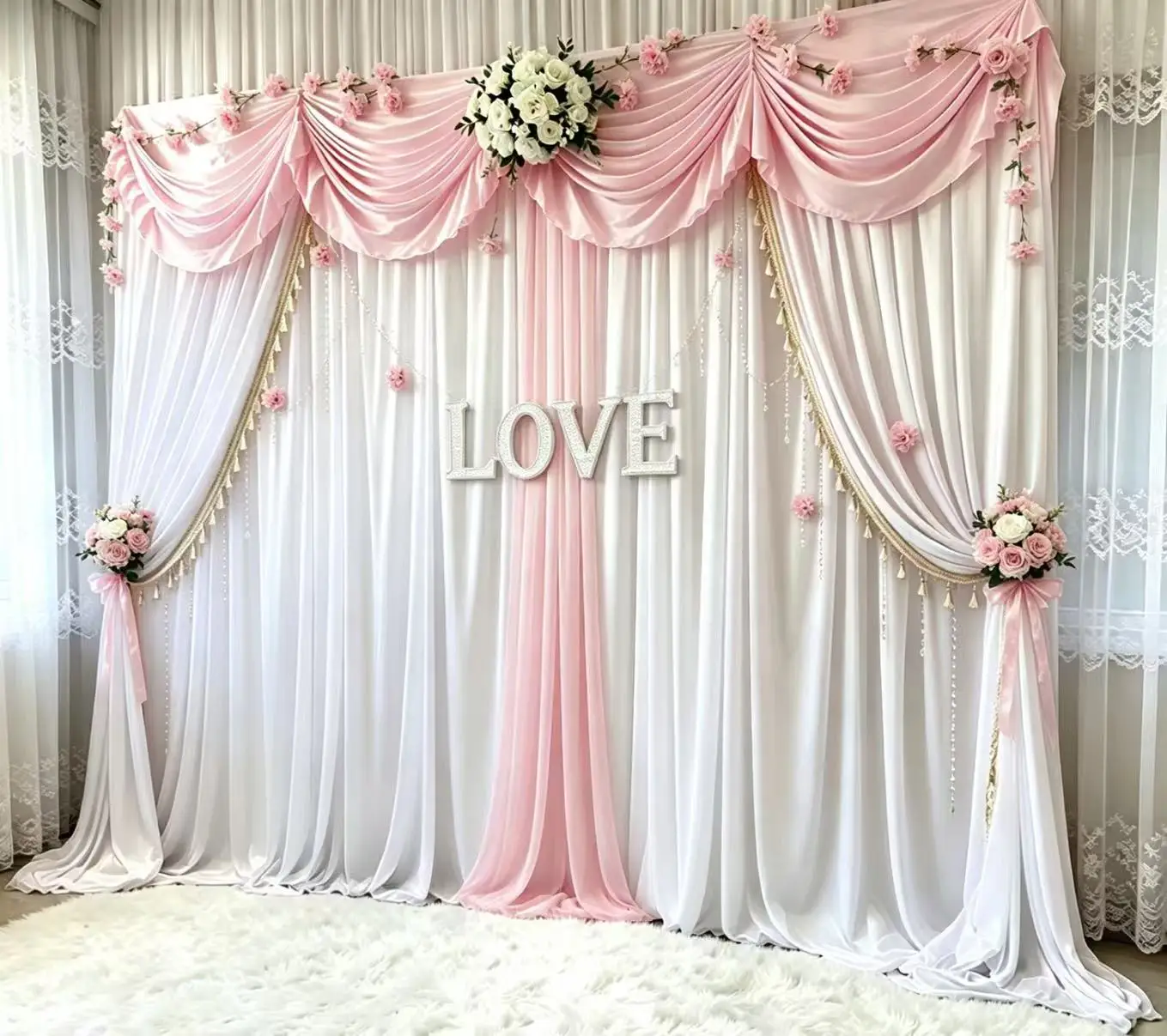 3x3m/10X10FT White Ice Silk Pink Swags Drape Panel Event Party Decor Drapery Banquet Backdrop Curtain Wedding Stage Background