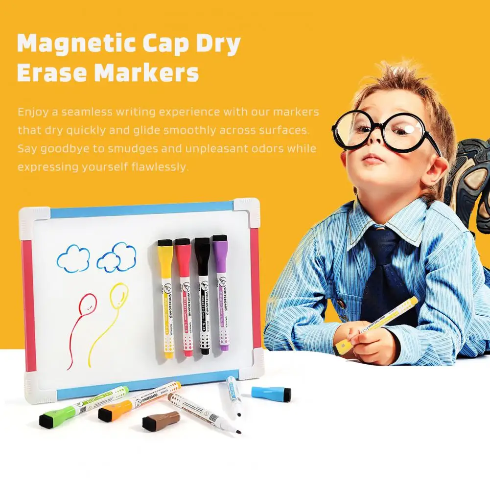 Rotuladores borrables de punta fina, marcadores de pizarra magnética vívida, diseño de cepillo plano, bolígrafos de borrado de secado rápido para suministros de oficina, paquete de 8