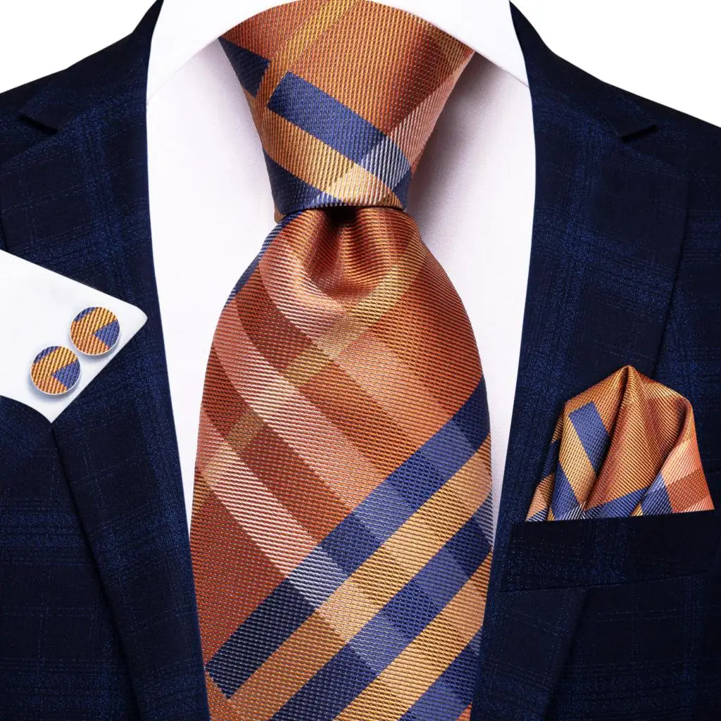 Corbata de seda azul y naranja a cuadros para hombre, mancuerna a mano para boda, regalo, corbata de moda, fiesta de negocios, diseño de hi-tie