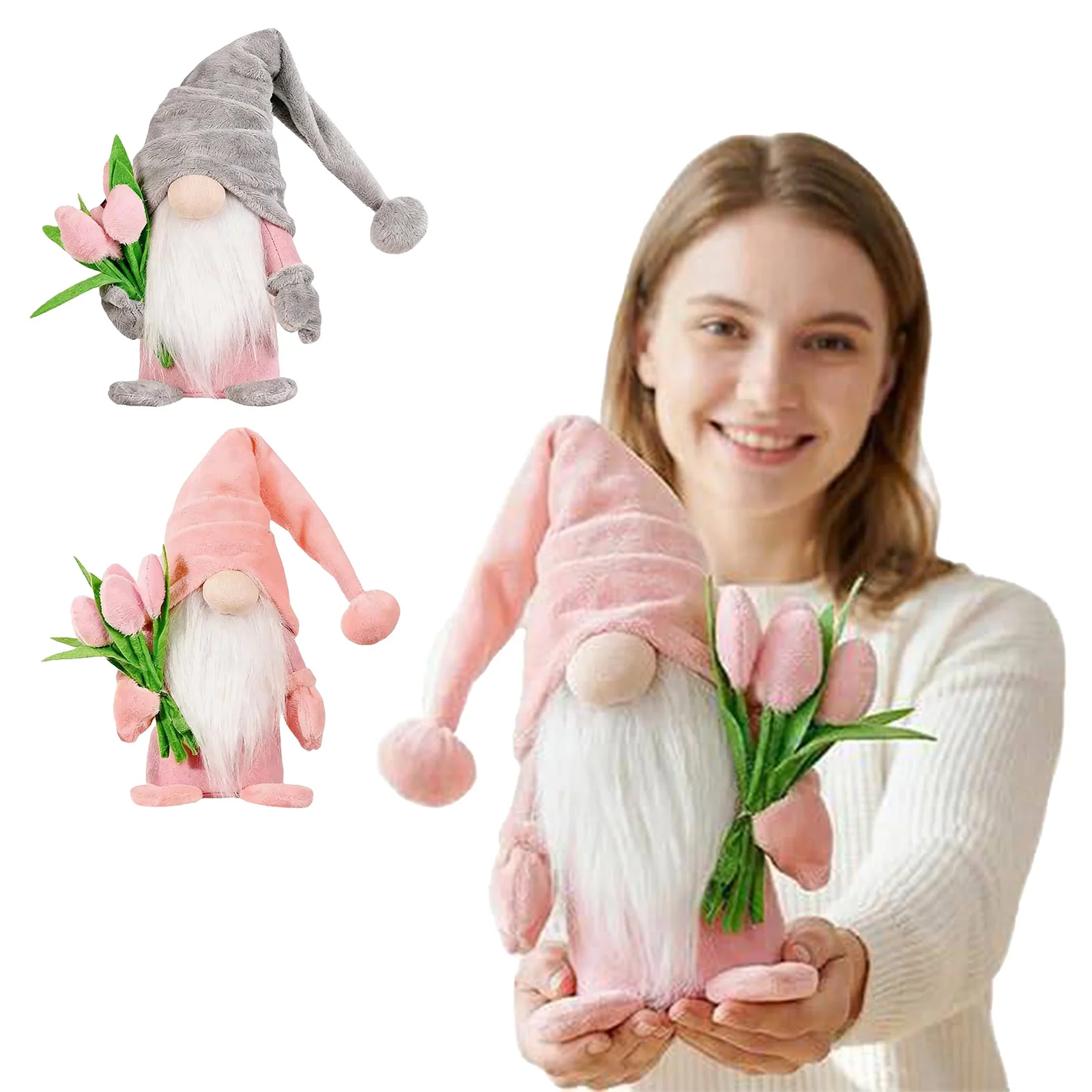 Tulip Gnome Plush Decorations 14.5 Inch Spring Gnomes Plush with Flower Bouquet Home Tabletop Elf Doll Gifts for Mothers Day