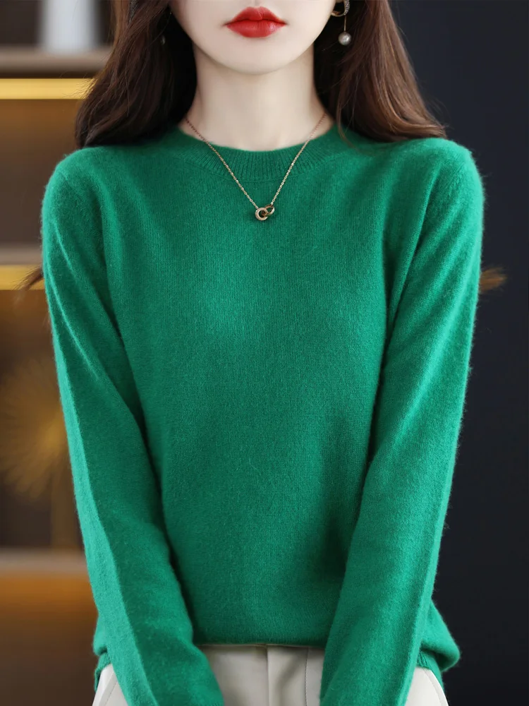 2024 New 100% Merino Wool Sweater For Women O-neck Long Sleeve Pullover Spring Autumn Basic Pure Color Knitwear Soft Comfort Top