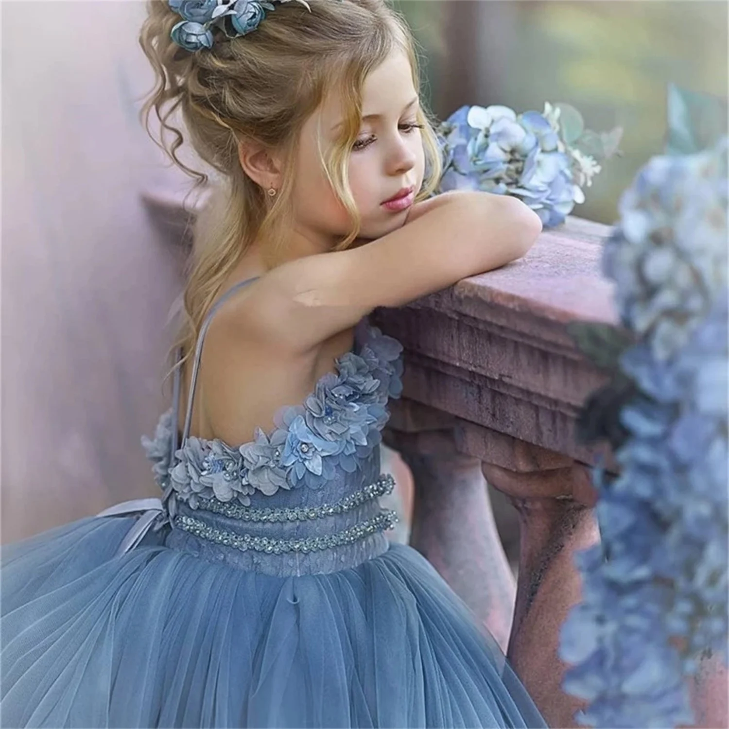 

Flower Girl Dresses Dusty Blue For Wedding robe de mariage Kids Pageant Gowns Tulle Ruffled First Communion Dress